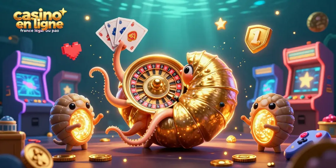 Jouer sur un casino en ligne France légal ou pas avec une illustration d'un nautilus géant et des éléments de jeu colorés.