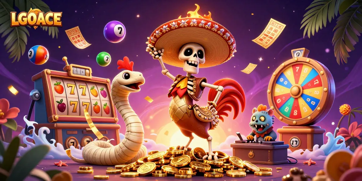 LGOACE enhances your gameplay with excitement as characters celebrate amidst slot reels and lottery elements.