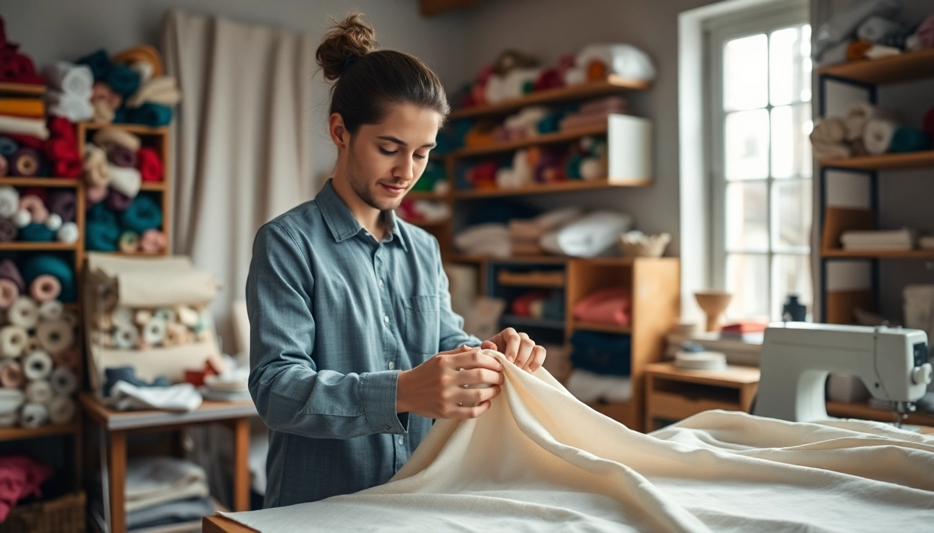 Dunne katoen stof wordt gebruikt door een professionele kleermaker in zijn werkplaats.