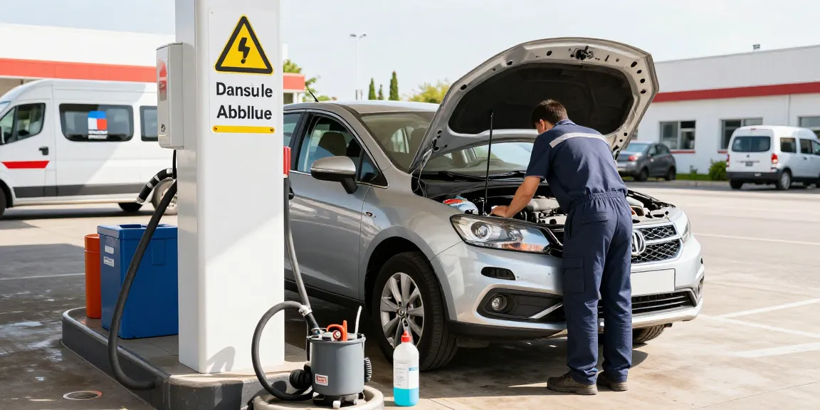 Technician draining Adblue from a diesel car at a fuel station.