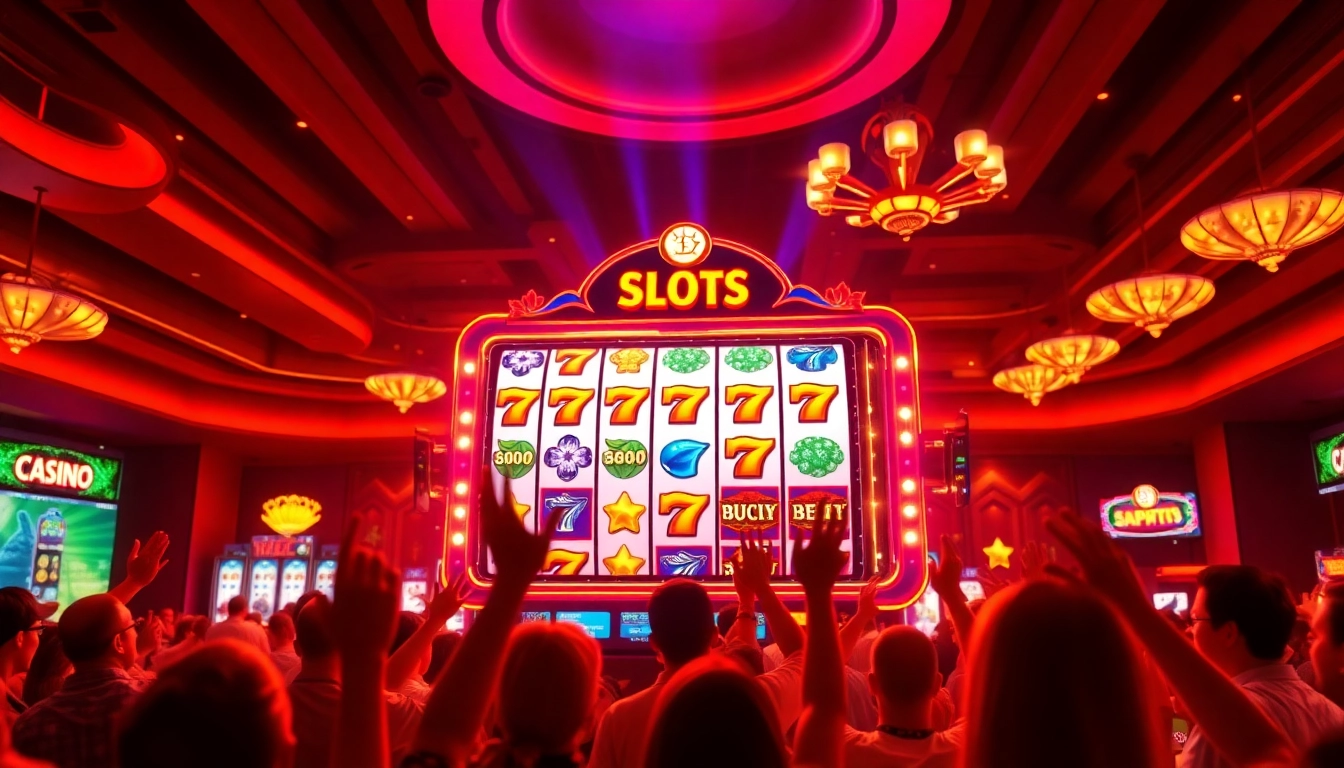 Menang di slot terpercaya dengan slot machine yang berkilau dan pemain antusias di latar belakang.