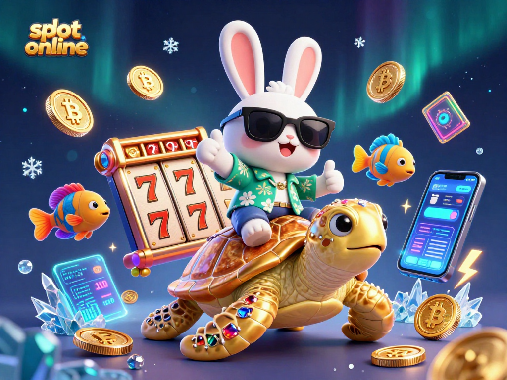 Play exciting slot online games with a lucky rabbit and golden turtle in a vibrant scene.