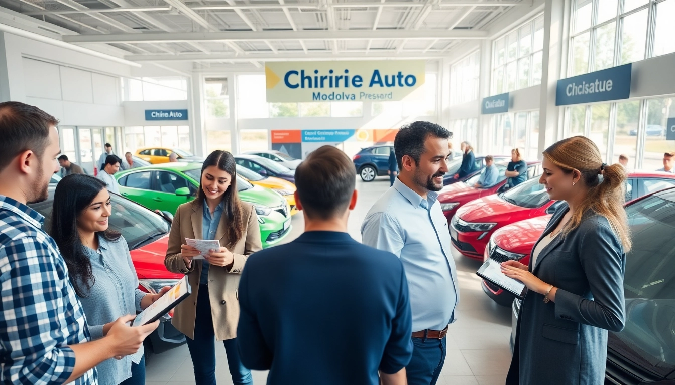 Chirie auto Moldova car rental office showcasing diverse vehicles and happy customers.