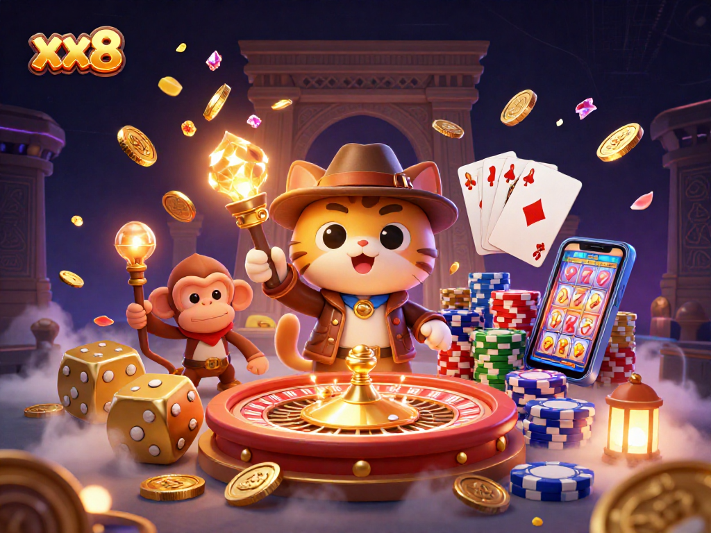 Experience the thrilling adventure of xx8 with a 3D explorer cat uncovering casino treasures in an ancient temple.