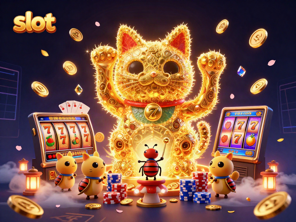Engage with the vibrant slot gaming scene featuring a lucky cat and sparkling elements.