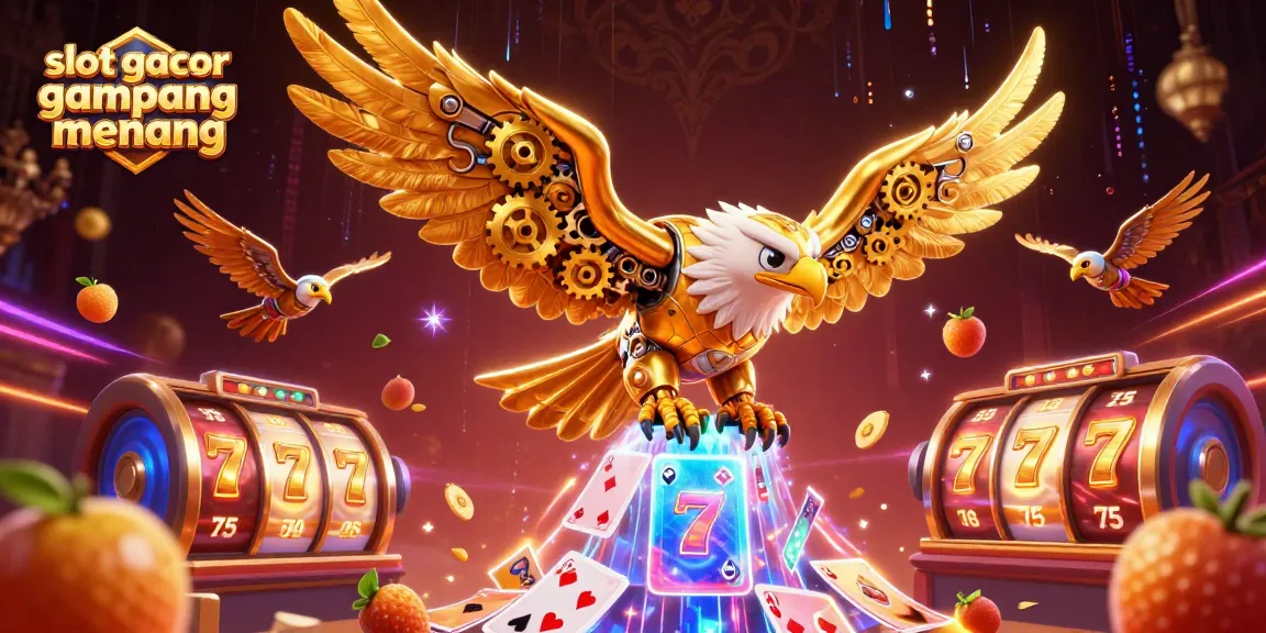 Experience slot gacor gampang menang with an ultra-detailed 3D illustration of a golden eagle amidst spinning slot reels and vibrant symbols.