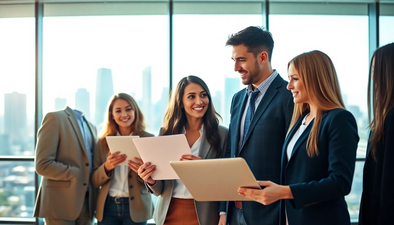 Engaged professionals discussing new hire jobs in a modern office setting.