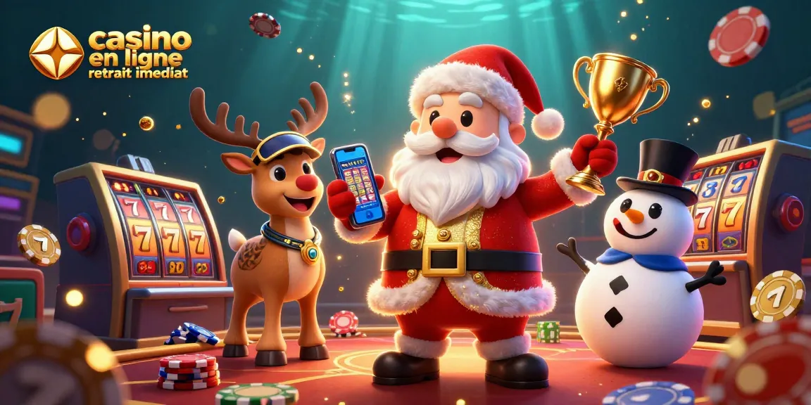 Casino en ligne retrait immédiat : Le Père Noël et son renne célèbrent des gains autour de jackpots.