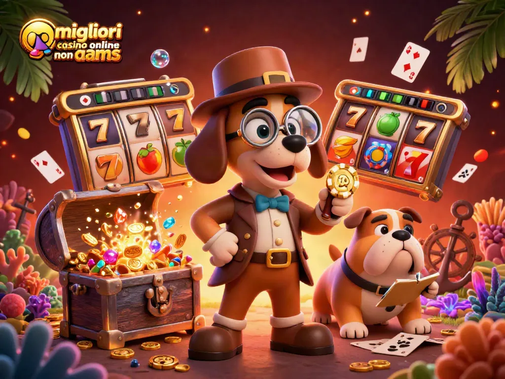 I migliori casinò online non AAMS presentano un detective e un bulldog in una scena d'azzardo vivace.
