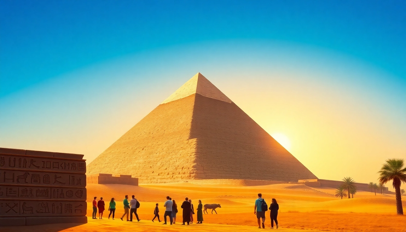 Visitors marvel at the piraminds of Giza, under a golden sunset sky.