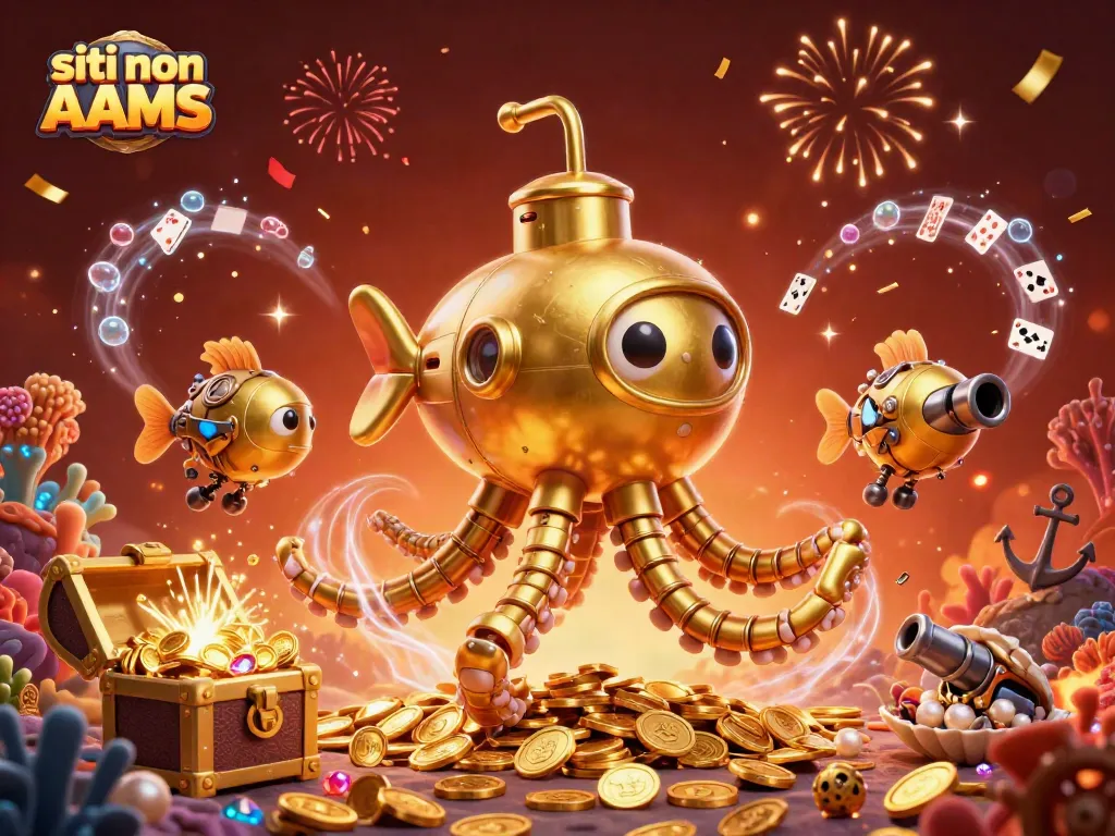 Gioca nei siti non AAMS con un sottomarino kraken dorato circondato da monete d'oro e schede.