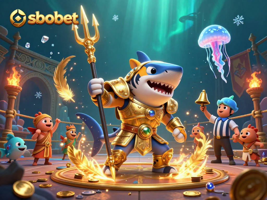 Engage with sbobet’s immersive underwater casino experience featuring a tiger shark in gladiator armor.