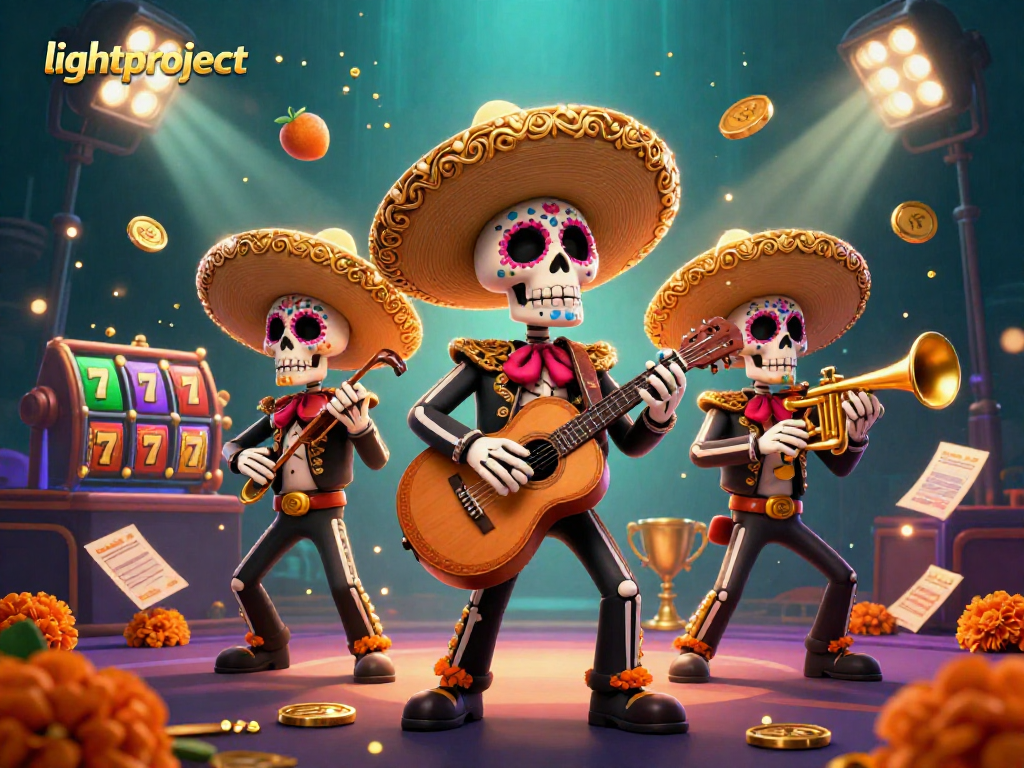 Engage in thrilling games at lightproject's vibrant online casino featuring a mariachi band and dynamic slot reels.