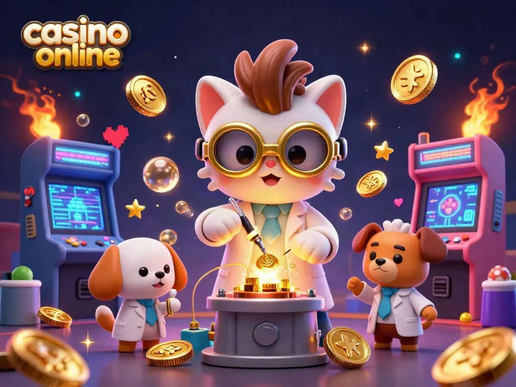 Disfruta del casino online mientras el gato científico y su perro crean una máquina de monedas doradas.