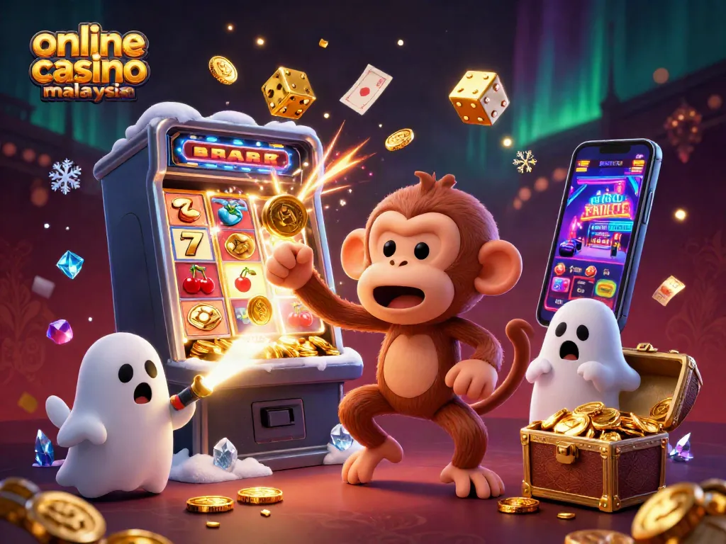 Exciting gameplay at online casino malaysia with a playful monkey and curious puppy amidst cash explosions.