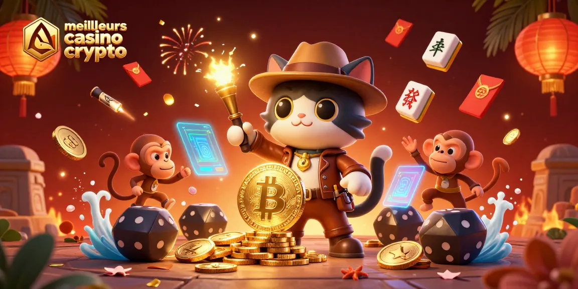 Mettez en valeur les meilleurs casinos crypto avec un chercheur félin découvrant des artefacts dorés entourés d'éléments de blockchain.