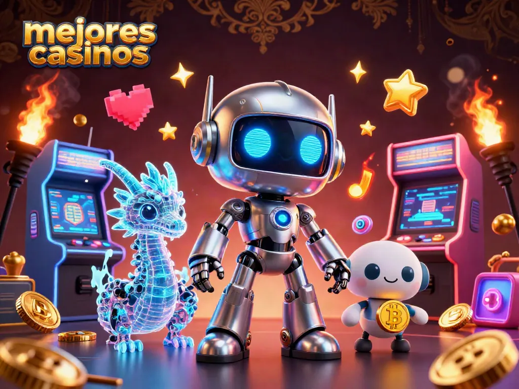 Ilustración 3D vibrante de los mejores casinos con un robot y un dragón holográfico.
