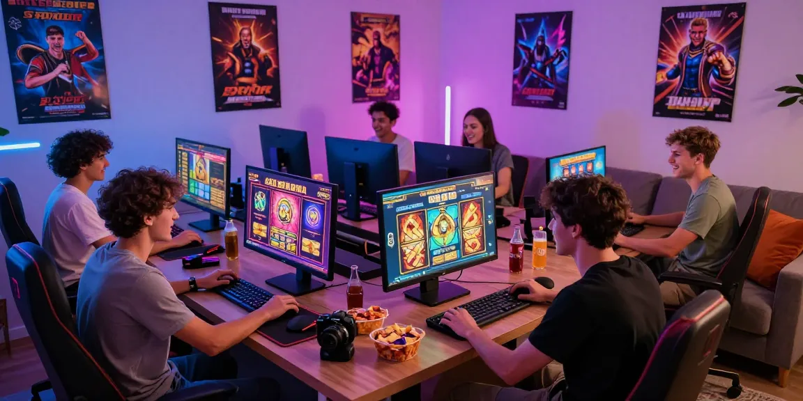 Friends playing slot online at home with colorful graphics and snacks.
