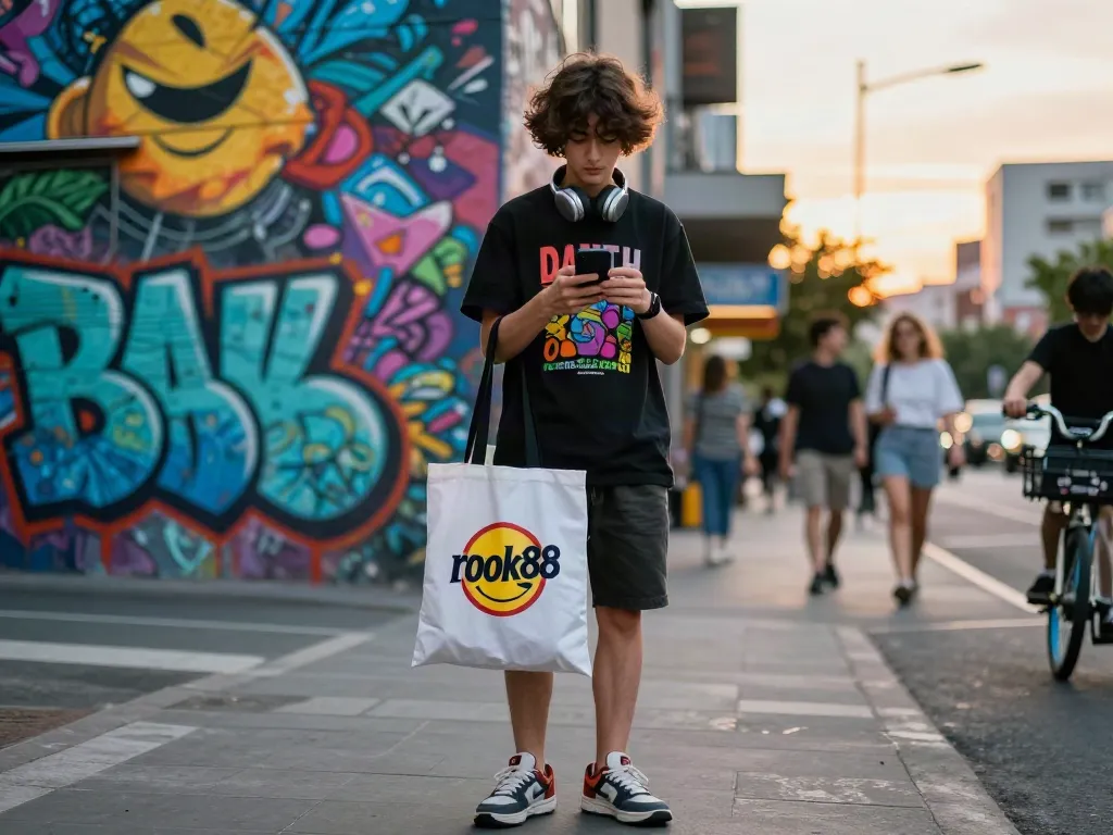 Young adult showcasing rokok88 merchandise in vibrant urban setting with graffiti art.