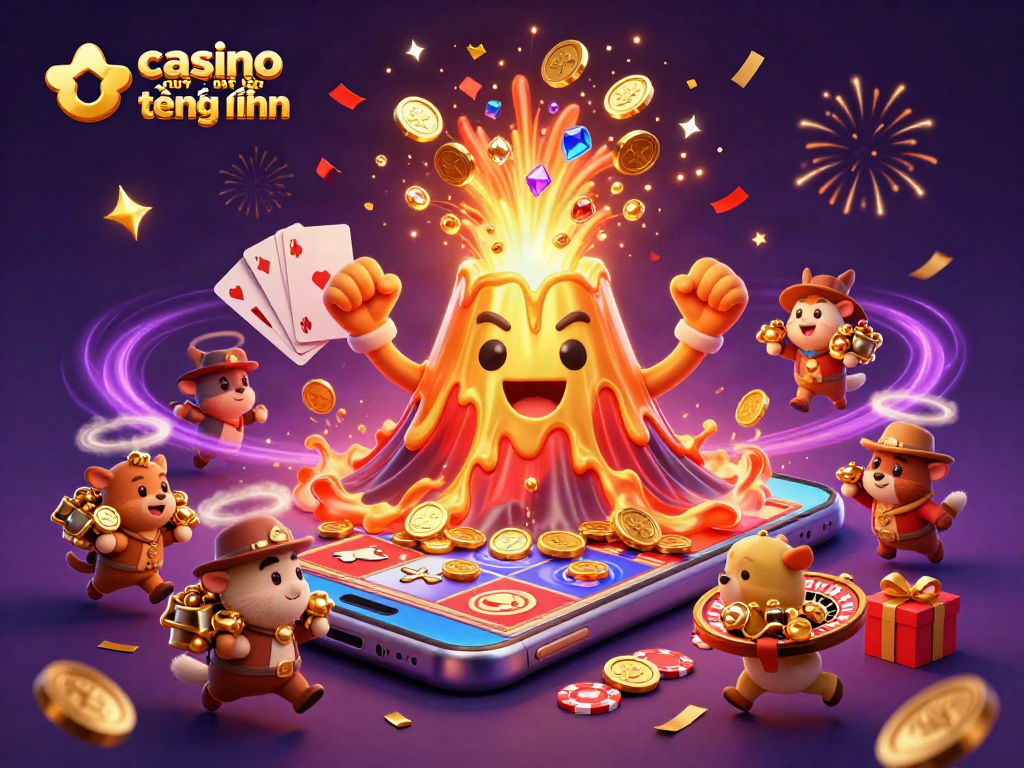 Khám phá casino trực tuyến tặng tiền với hình ảnh sôi động từ núi lửa vàng, tiền và kho báu.