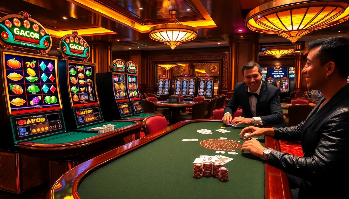 Spin the reels on thrilling Slot Gacor machines surrounded by poker chips and an electrifying casino atmosphere.