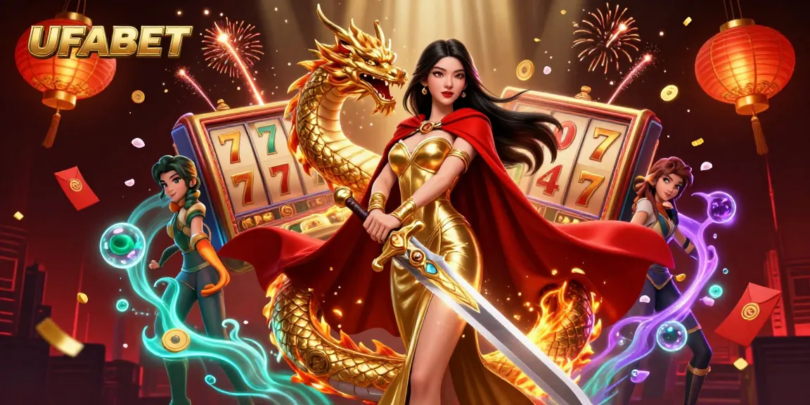 Play thrilling slots at UFABET with a fierce warrior queen and golden dragon amidst vibrant game elements.