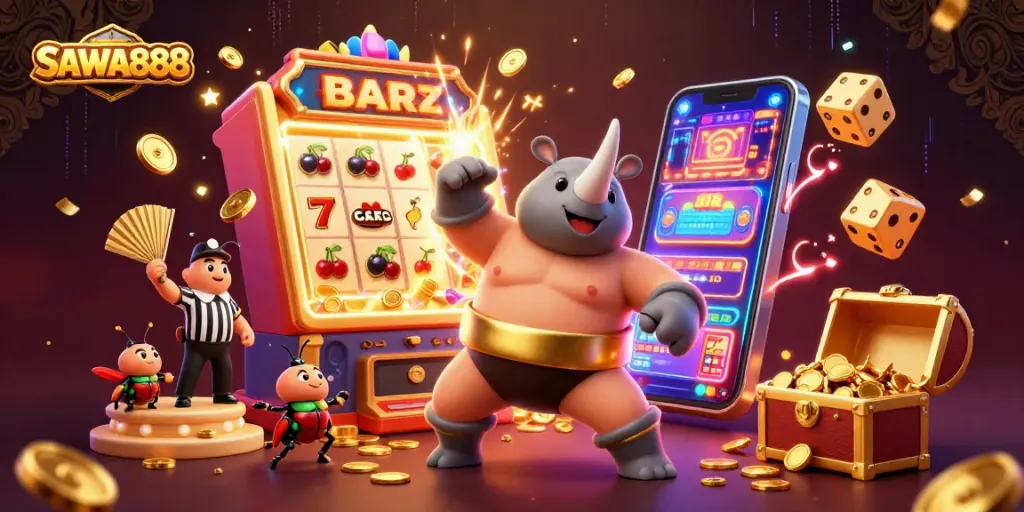 SAWA888 shows a dynamic casino scene with a rhinoceros beetle champion celebrating a jackpot, emphasizing exciting gaming.