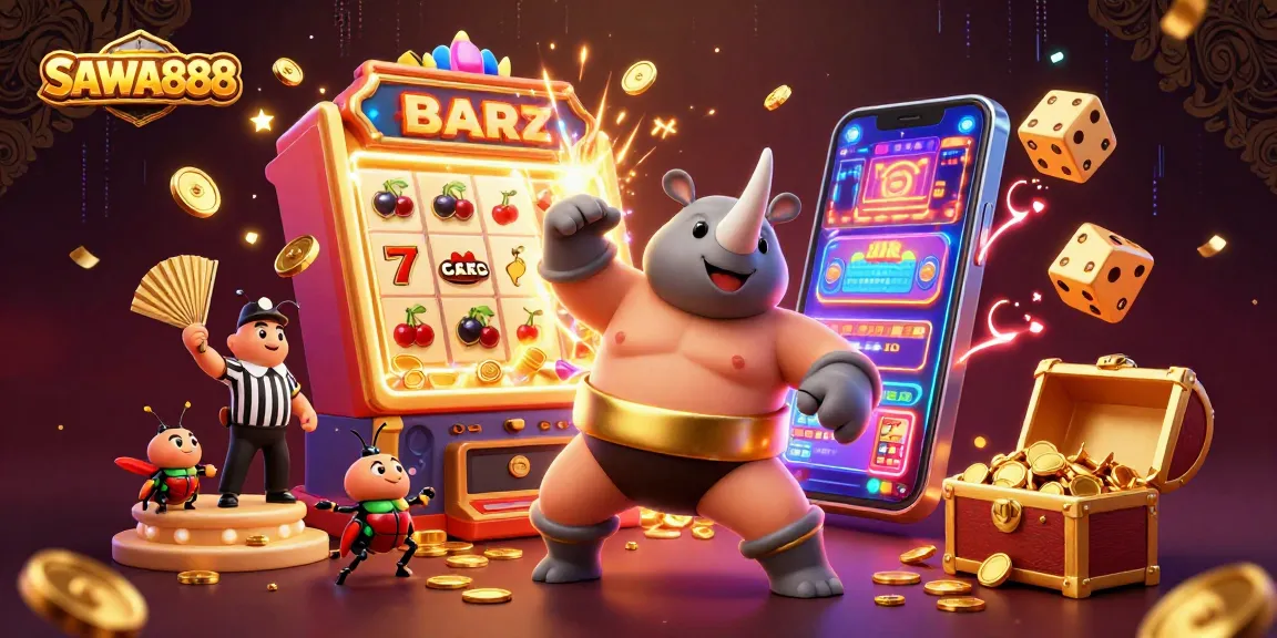 SAWA888 shows a dynamic casino scene with a rhinoceros beetle champion celebrating a jackpot, emphasizing exciting gaming.