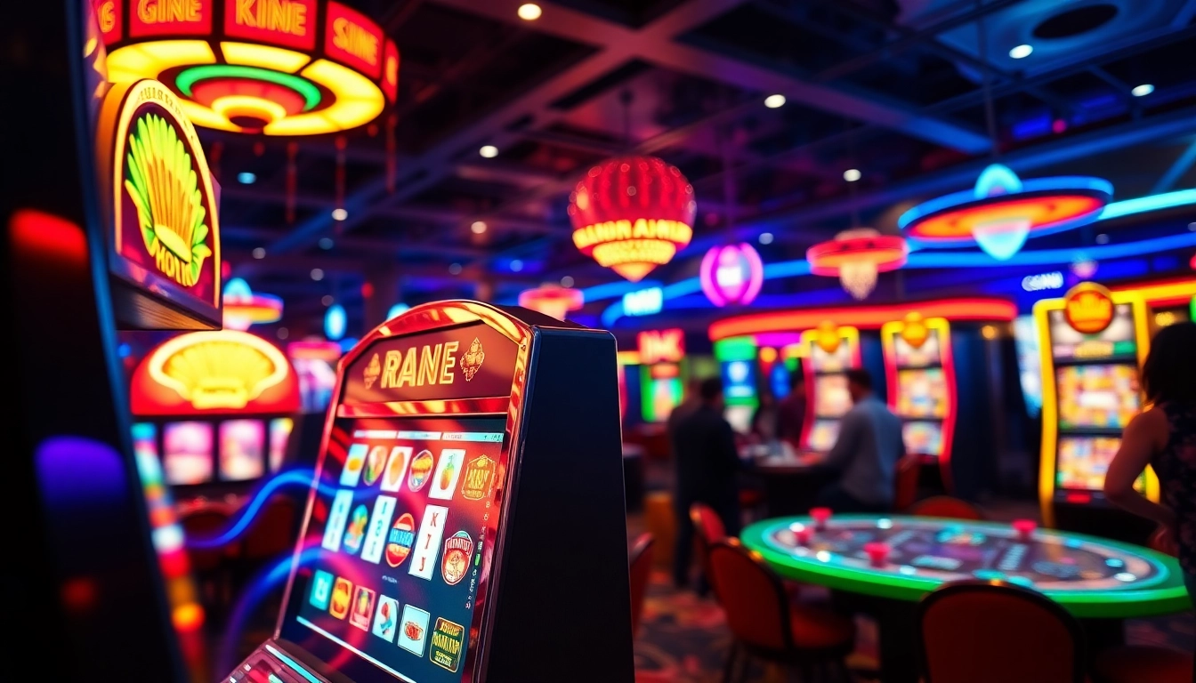 Menang pada hoki slot dengan mesin slot berwarna cerah dan suasana kasino yang meriah.