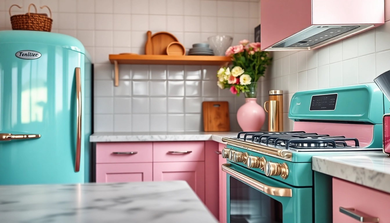 Showcase of retro appliances including a vintage refrigerator and stove in a bright kitchen