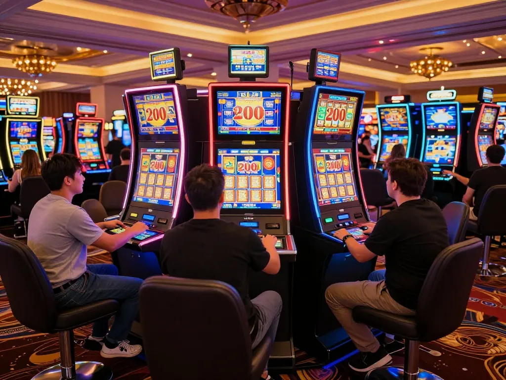 Players focused on exciting slot bet 200 gameplay amidst vibrant casino lights