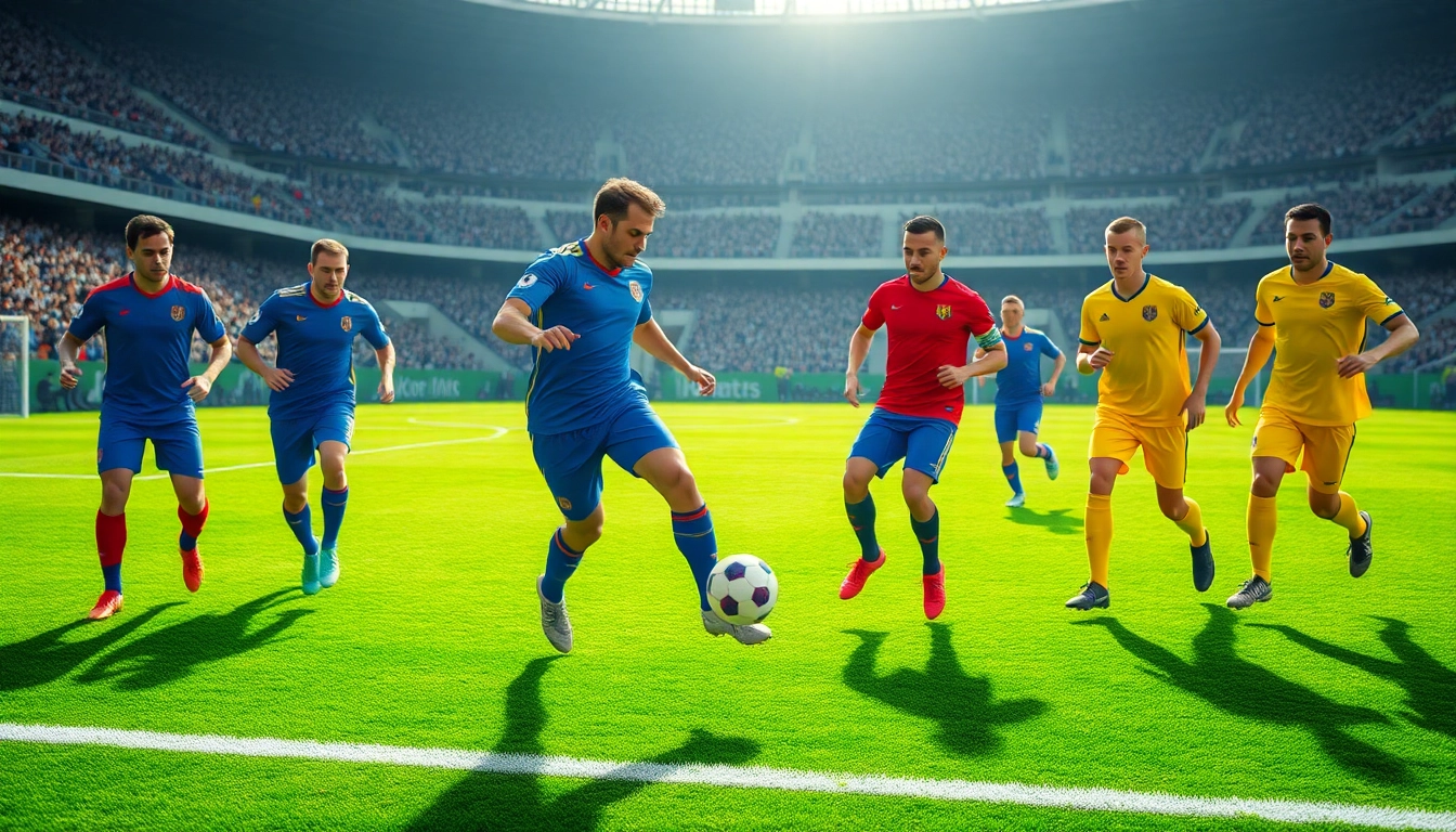 Showcasing players in vibrant cheap football kits energetically playing on a soccer field.