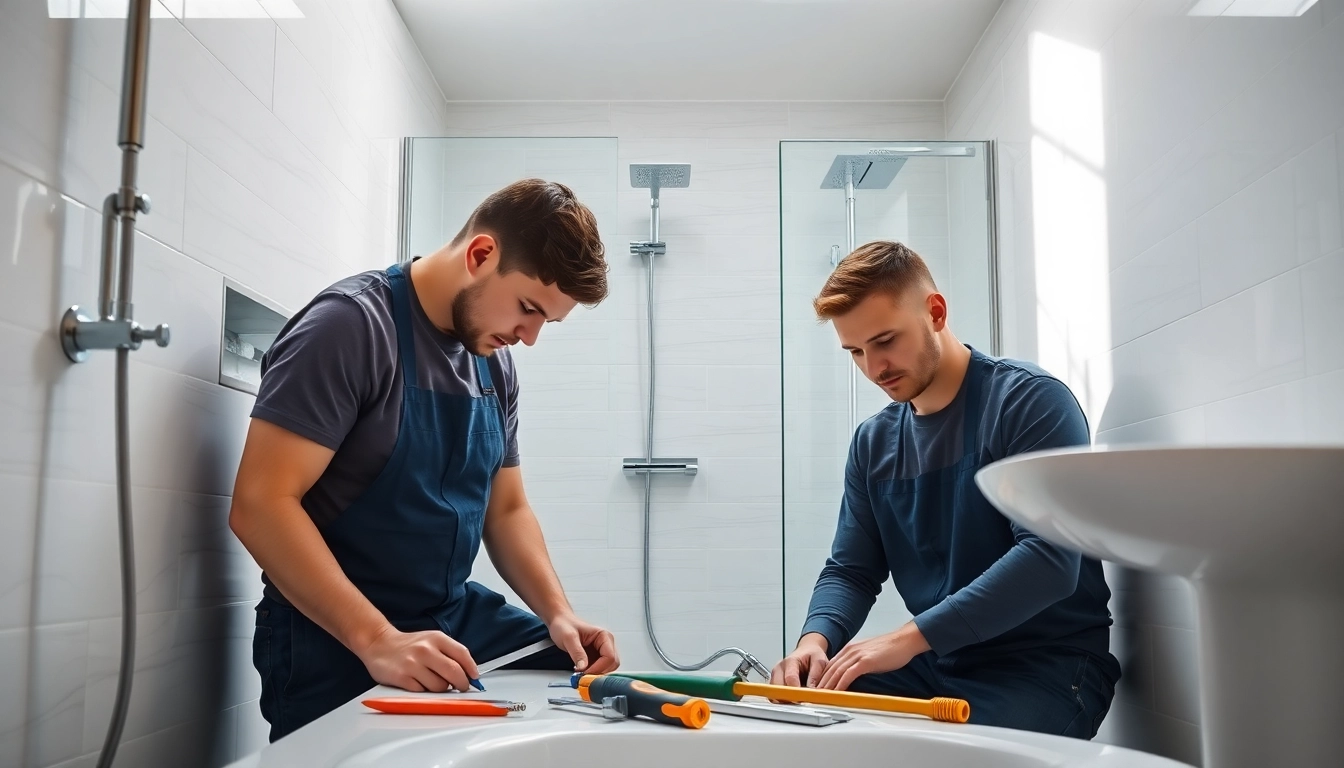 Wet room fitters expertly installing modern fixtures in a bright, stylish bathroom.