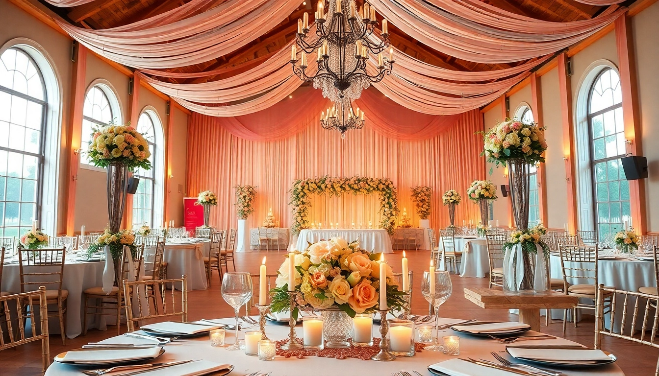 Hochzeitsdekor im Hochzeitssaal mit eleganten Blumen und stimmungsvollem Licht.