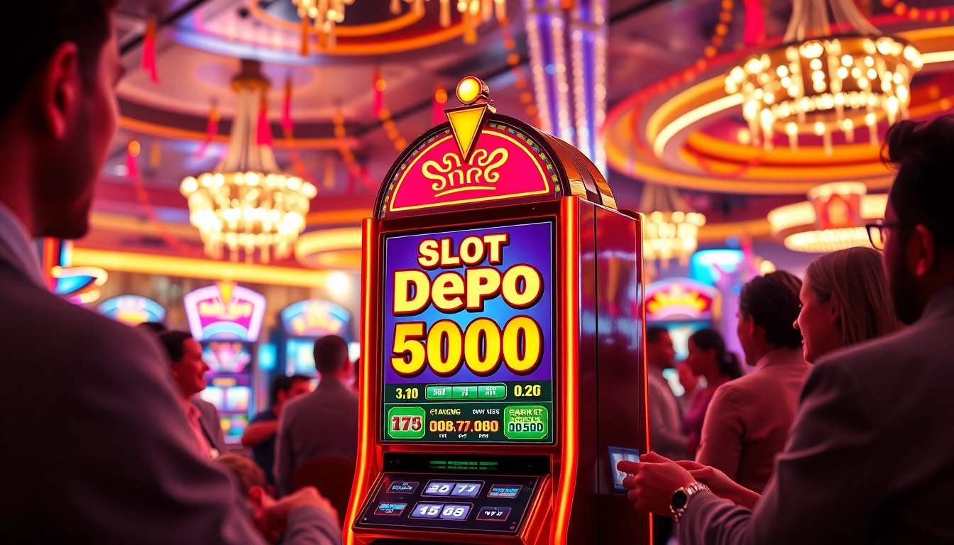 Permainan Slot Depo 5000 yang menghibur di kasino mewah dengan sorotan yang cerah.