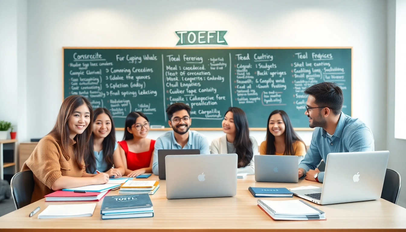 Students receiving toefl expert help in an engaging classroom setting with vibrant lighting.
