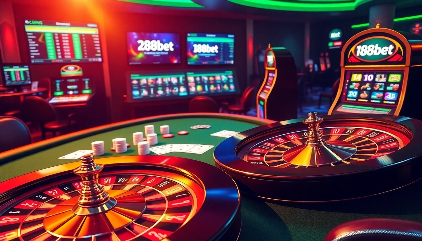 Exciting casino scene with 188bet poker table, roulette wheel, and vibrant online betting interface.