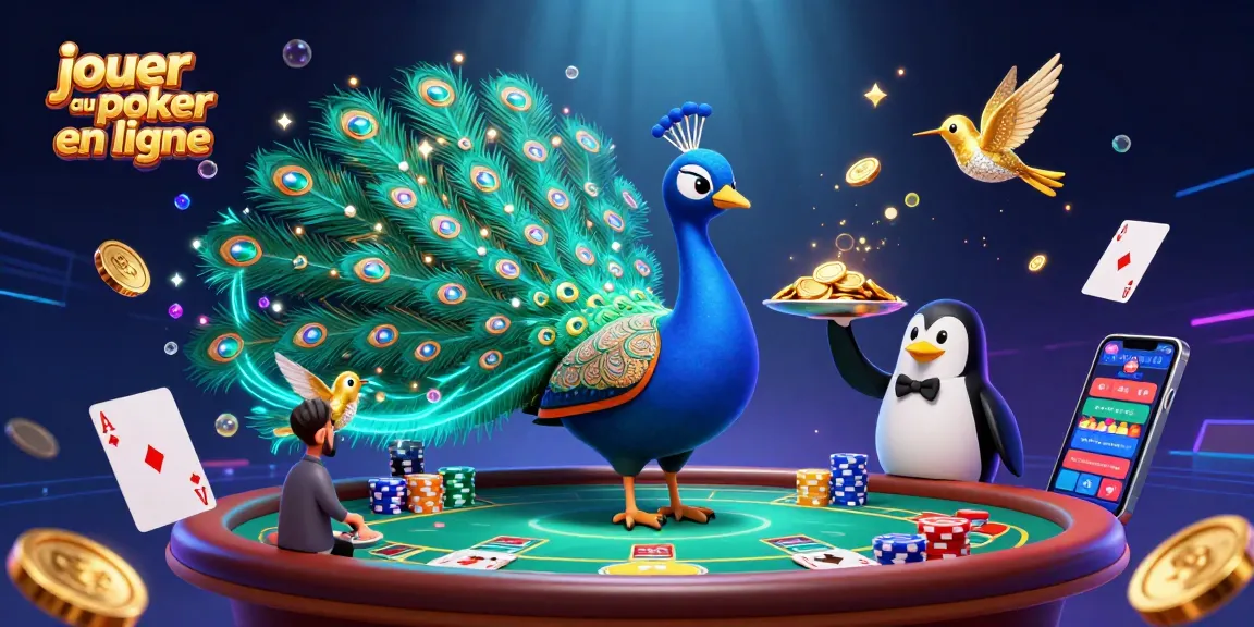Jouer au poker en ligne avec un paon aristocratique, un pingouin serveur, et un colibri, entourés de jetons et cartes de poker.