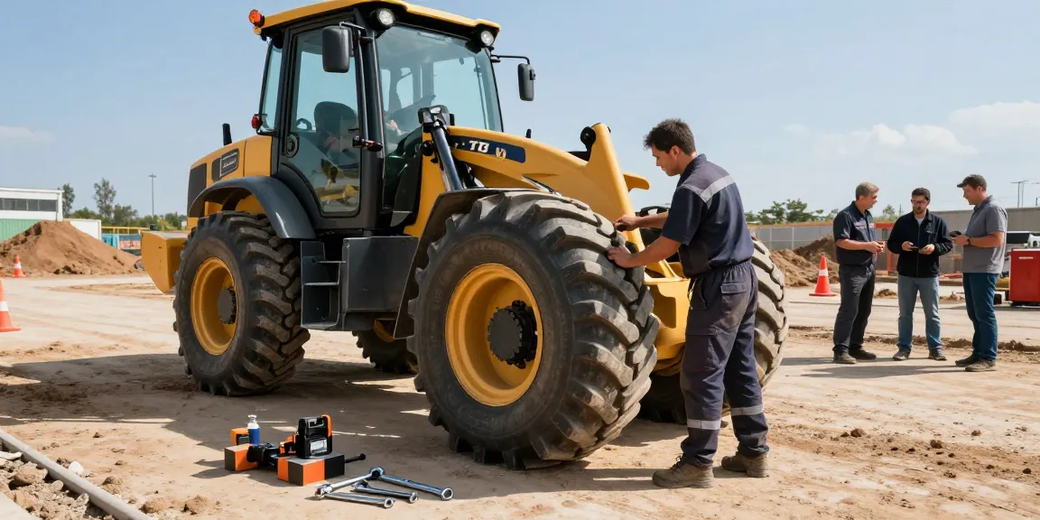 TLB tyres for sale being installed on a JCB tractor loader at a construction site.