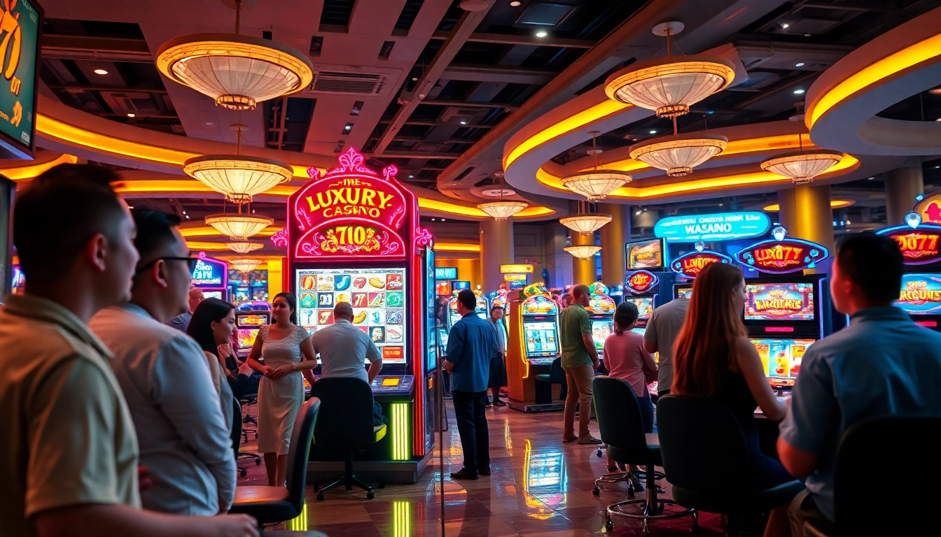 Menggambarkan pemain yang menikmati pengalaman luxury777 slot di kasino yang ramai