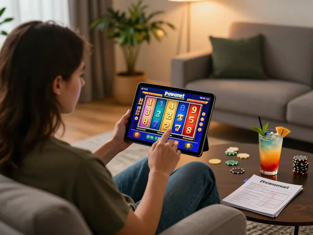 Engaged player enjoying the powernet slot game on a tablet in a cozy home setting, showcasing strategic notes.