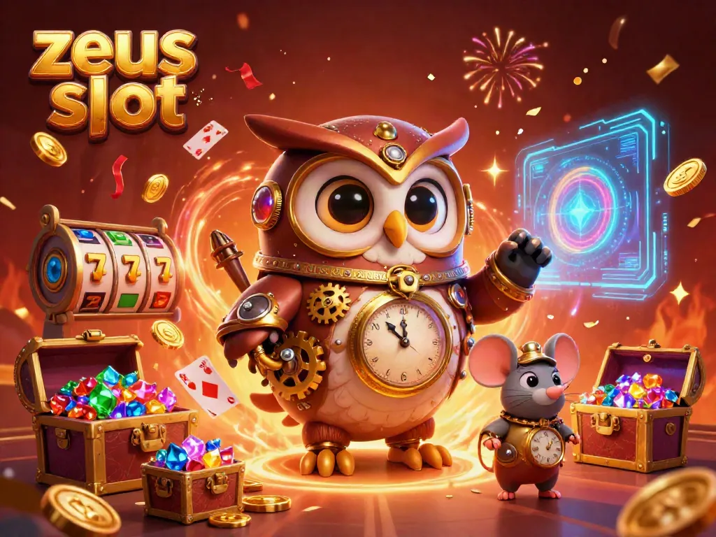 Win with the zeus slot in this vibrant casino scene featuring steampunk characters and celebratory elements.
