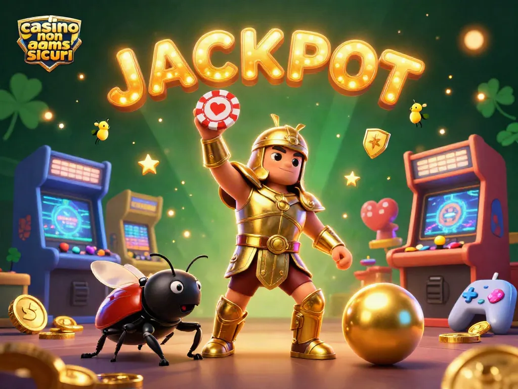 Vinci con il casino non AAMS sicuri, illustrando un coleottero erculeo in armatura dorata e simboli di gioco casino.