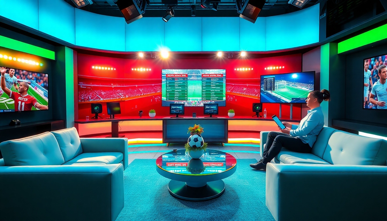 Engaging sports broadcasting scene showcasing hosts and technology, emphasizing Sports Broadcasting.