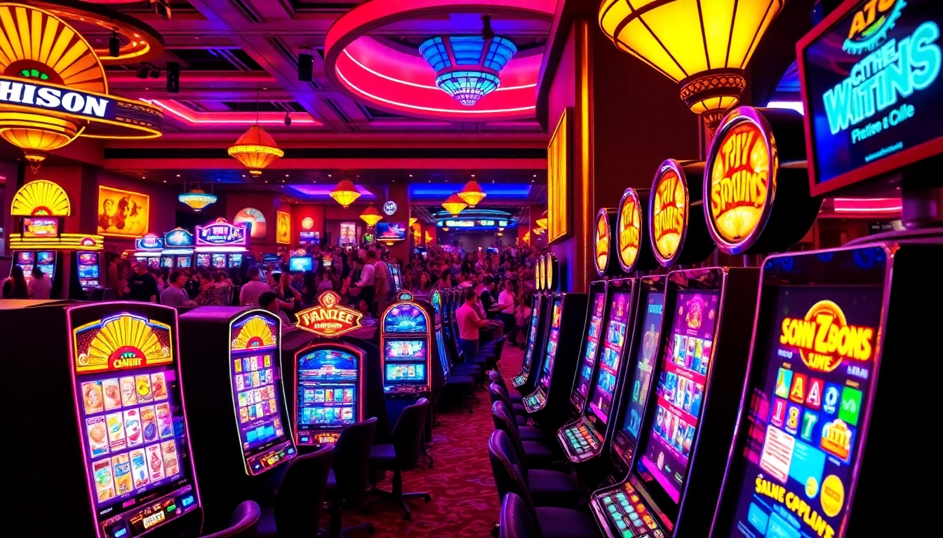 Memainkan slot mesin di kasino yang penuh warna dan meriah dengan pencahayaan yang cerah.