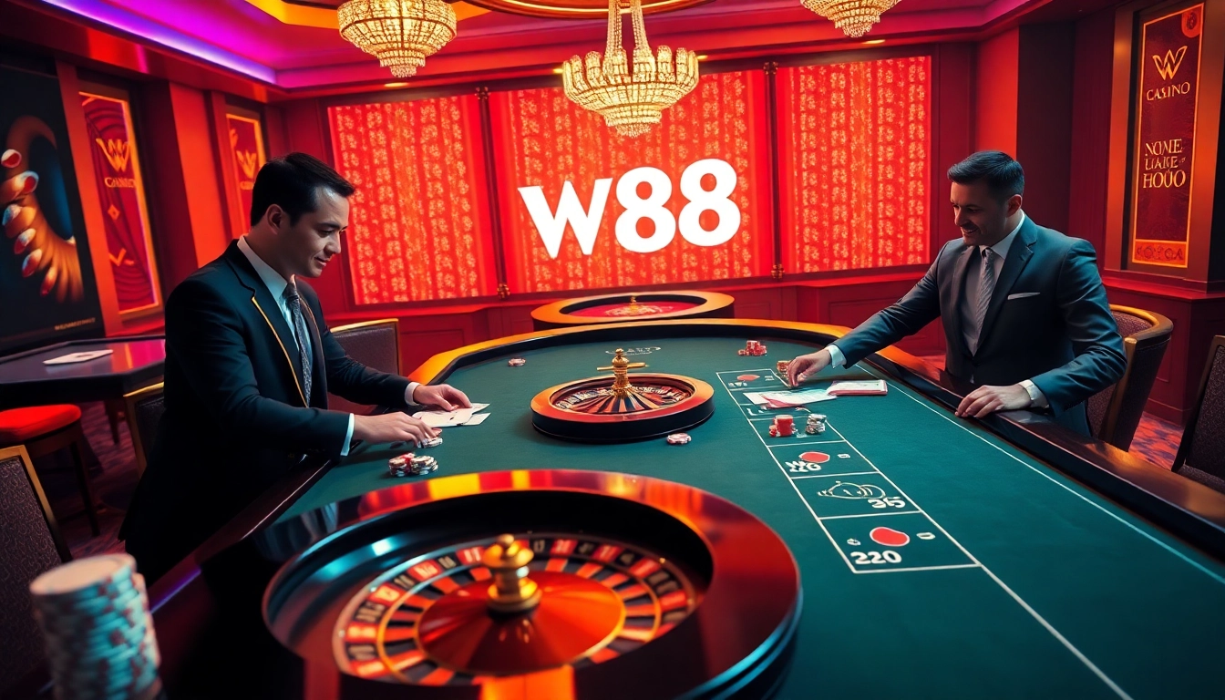 W88 casino gaming table showcasing high-stakes poker action with vibrant colors and professional dealers.