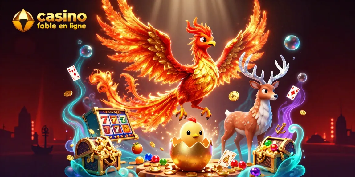 Visuel dynamique illustrant un casino fiable en ligne avec des personnages de jeu et divers éléments motivants.