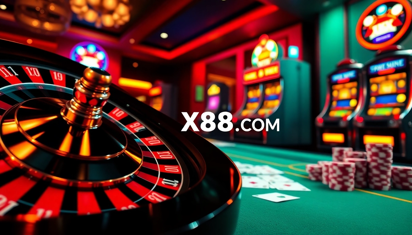 Experience the excitement of online gaming at XX88.COM with vibrant casino visuals of roulette, poker chips, and slot machines.