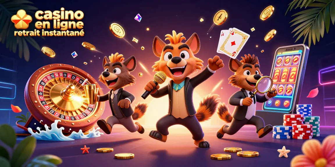 Découvrez un casino en ligne retrait instantané animé avec des hyènes illustrées, pièces d'or, et roulettes.