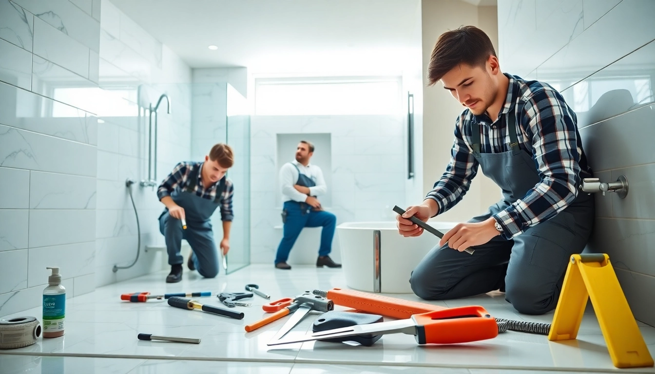 Skilled bathroom fitters manchester working on a modern bath installation project.